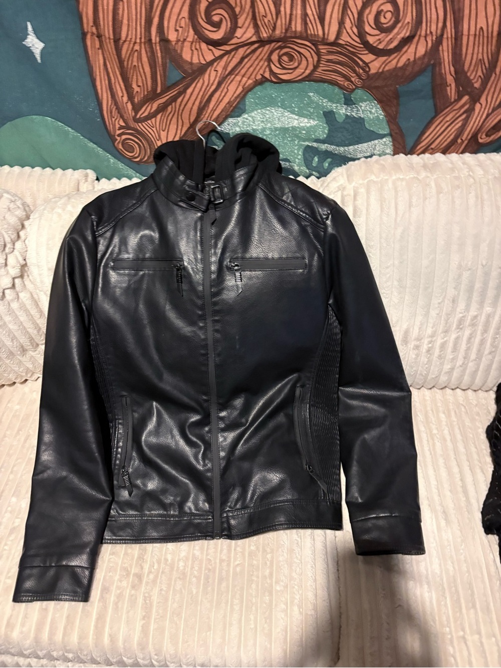 Men's Black Faux Leather Zip-Up Bomber Jacket with Hood